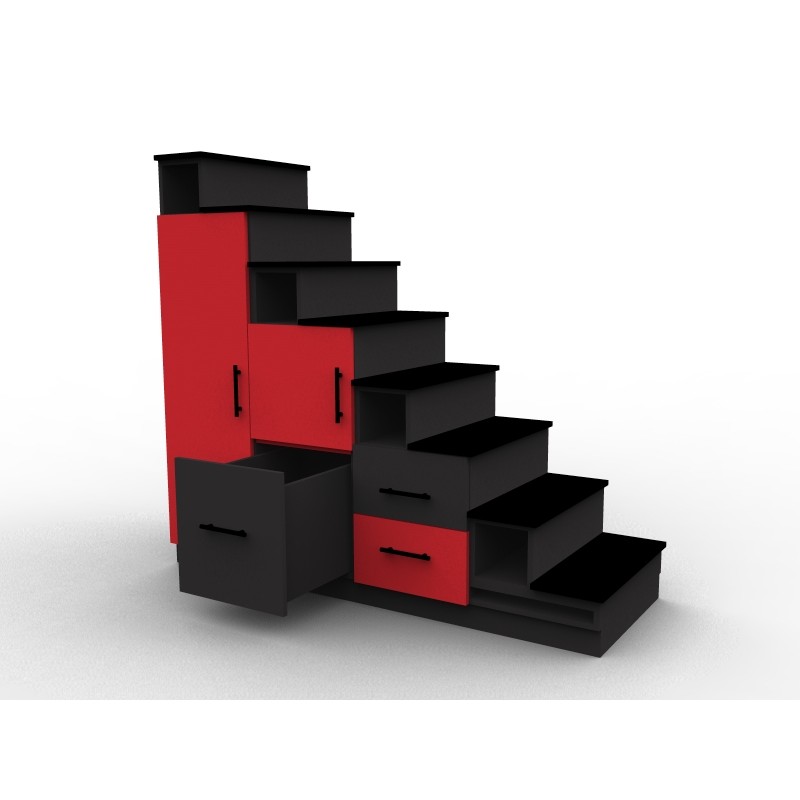 Meuble escalier rouge et noir avec portes et tiroirs, modèle Stendal